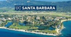 Picturesque aerial picture of UC Santa Barbara overlooking at the campus from over the ocean